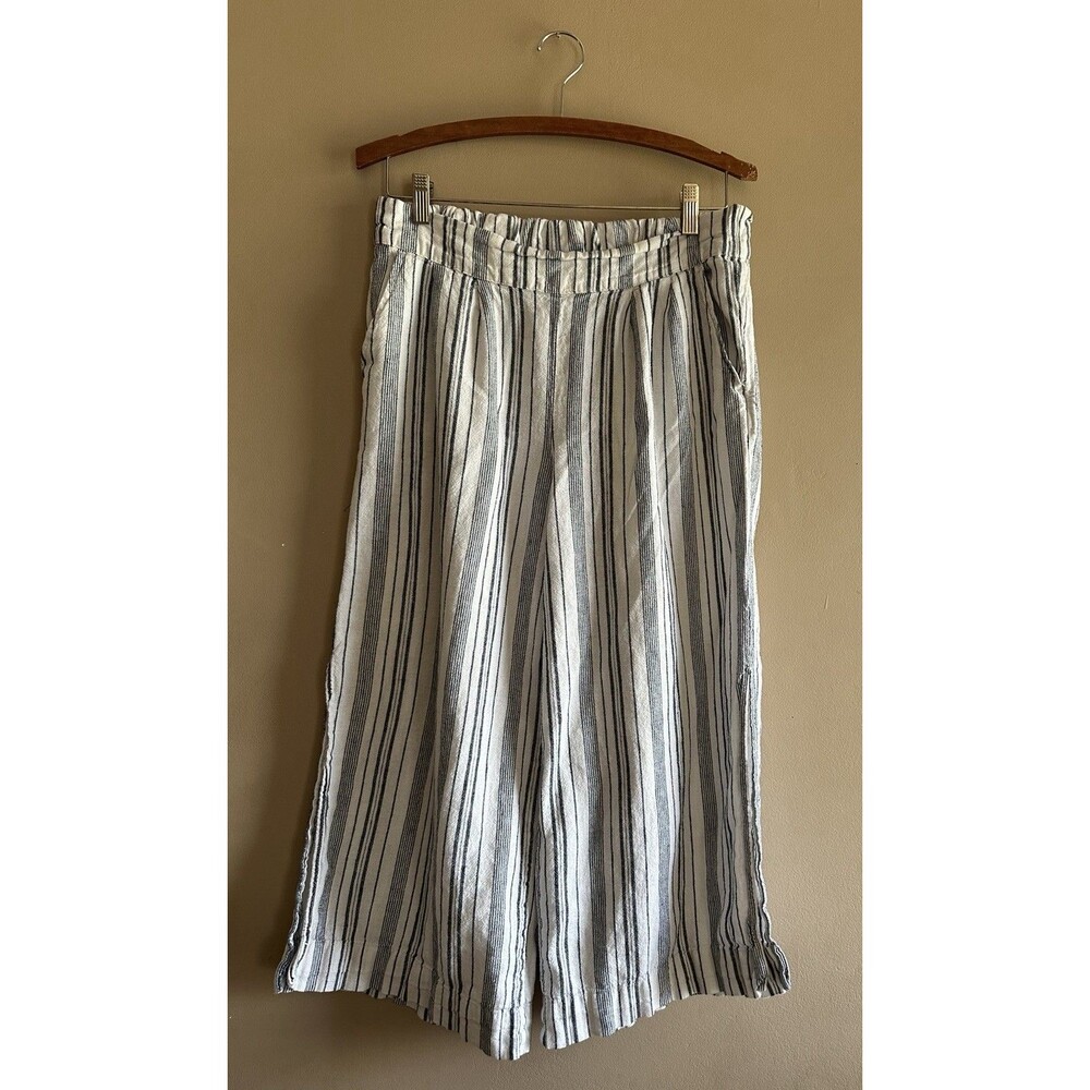 Ellen Tracy Pants Womens M Black Cream Striped Cropped Wide Leg Linen Coastal - Picture 1 of 9